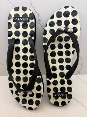 Coach Black & White Polka Dot Flip Flops with Bow Accent